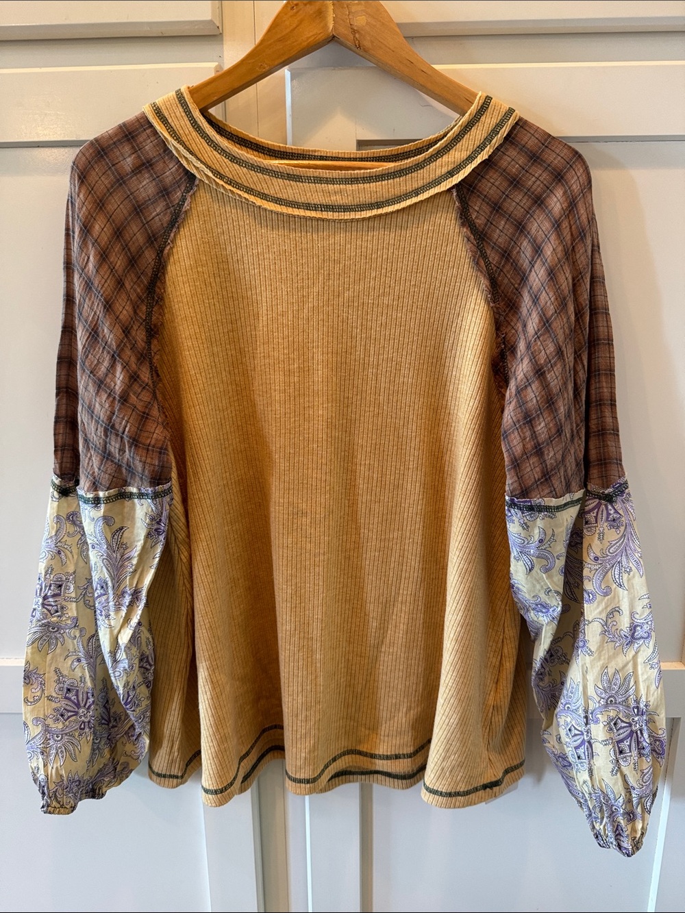 easel Mustard Ribbed Patchwork Top with Plaid & Paisley Sleeves